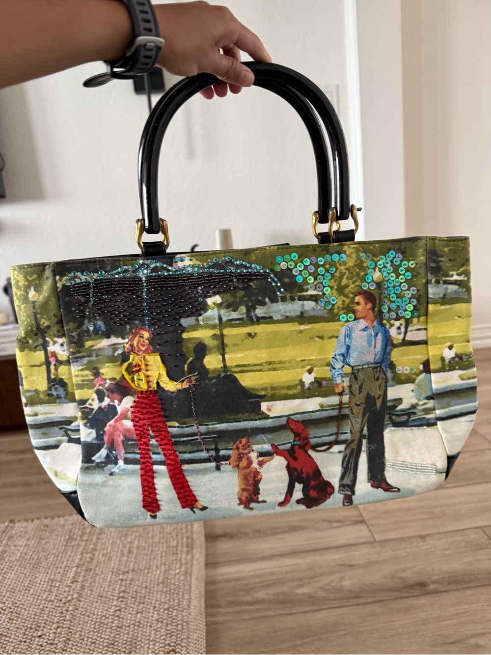 Art-Print Canvas Tote Bag with Black Handles - Green and Multicolor